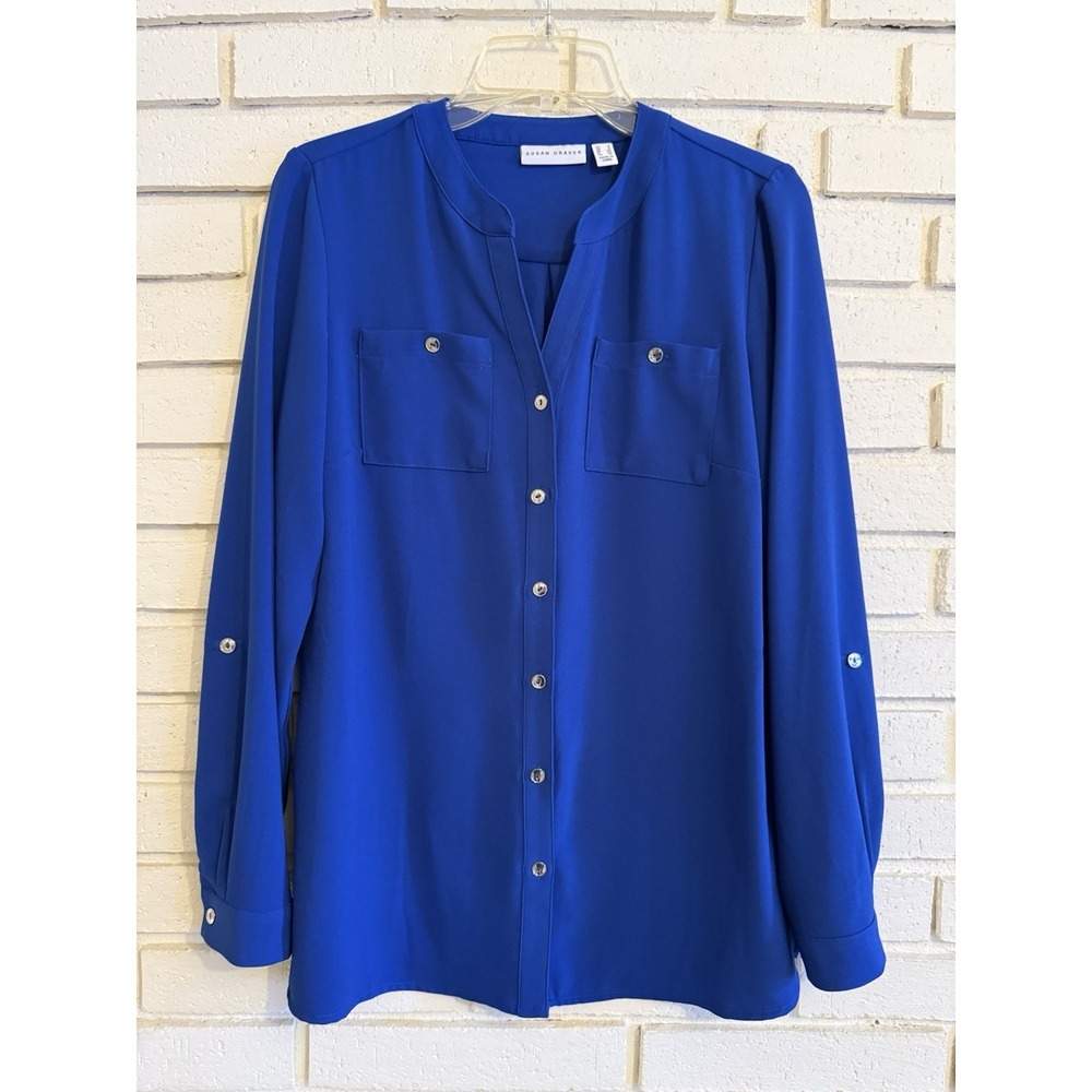 Susan Graver Stretch Woven Button Front Long Sleeve Shirt~Blue Size 2